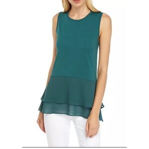 NWOT Michael Kors Women's Woven Mix Double Hem Teal Tank Top Blouse